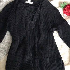 H&M black v- neck lace up, long sleeve sweater